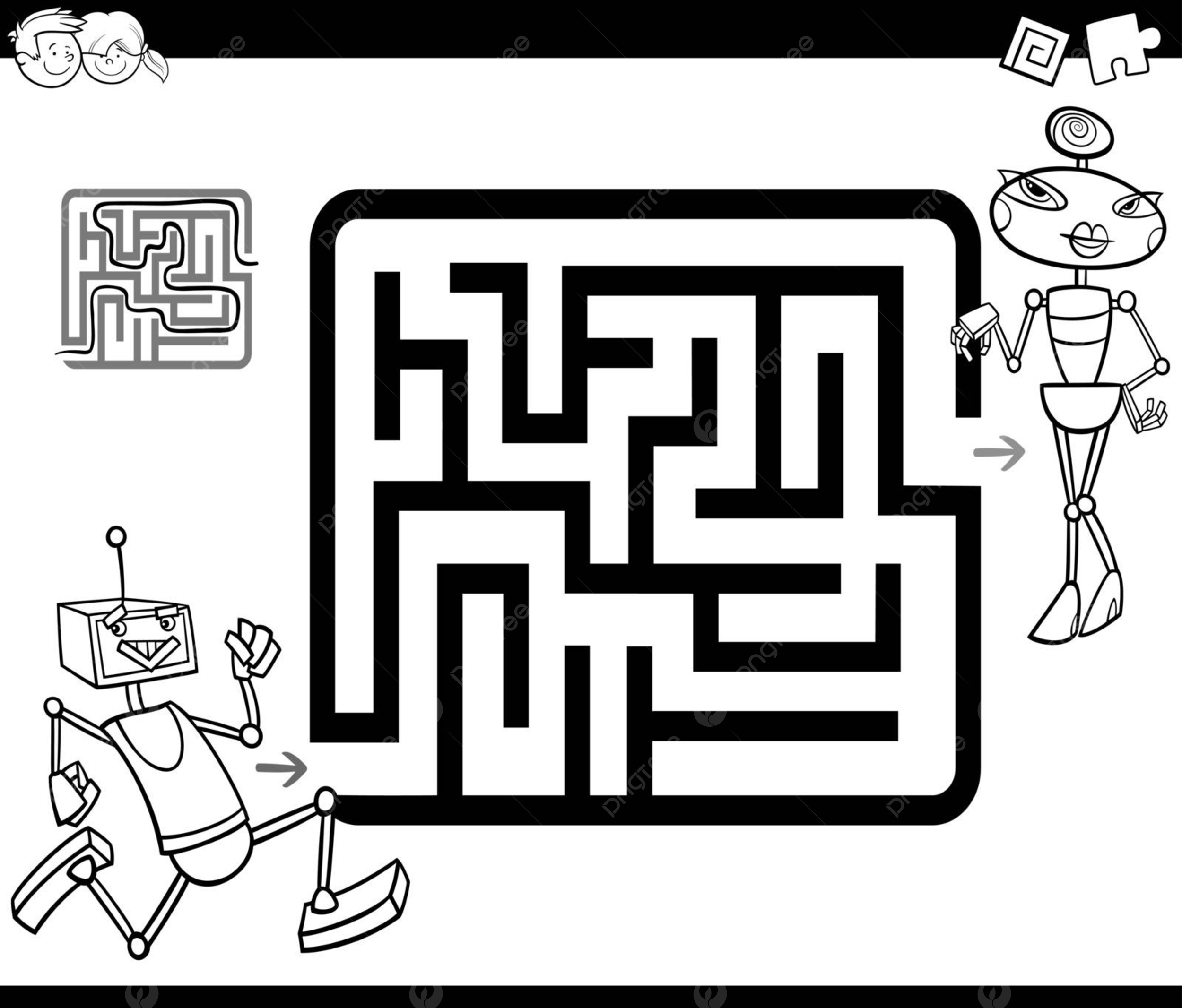 Maze With Robots Coloring Page Learning Female Worksheet Vector Female Drawing Robot Drawing Ring Drawing PNG And Vector With Transparent Background For Free Download