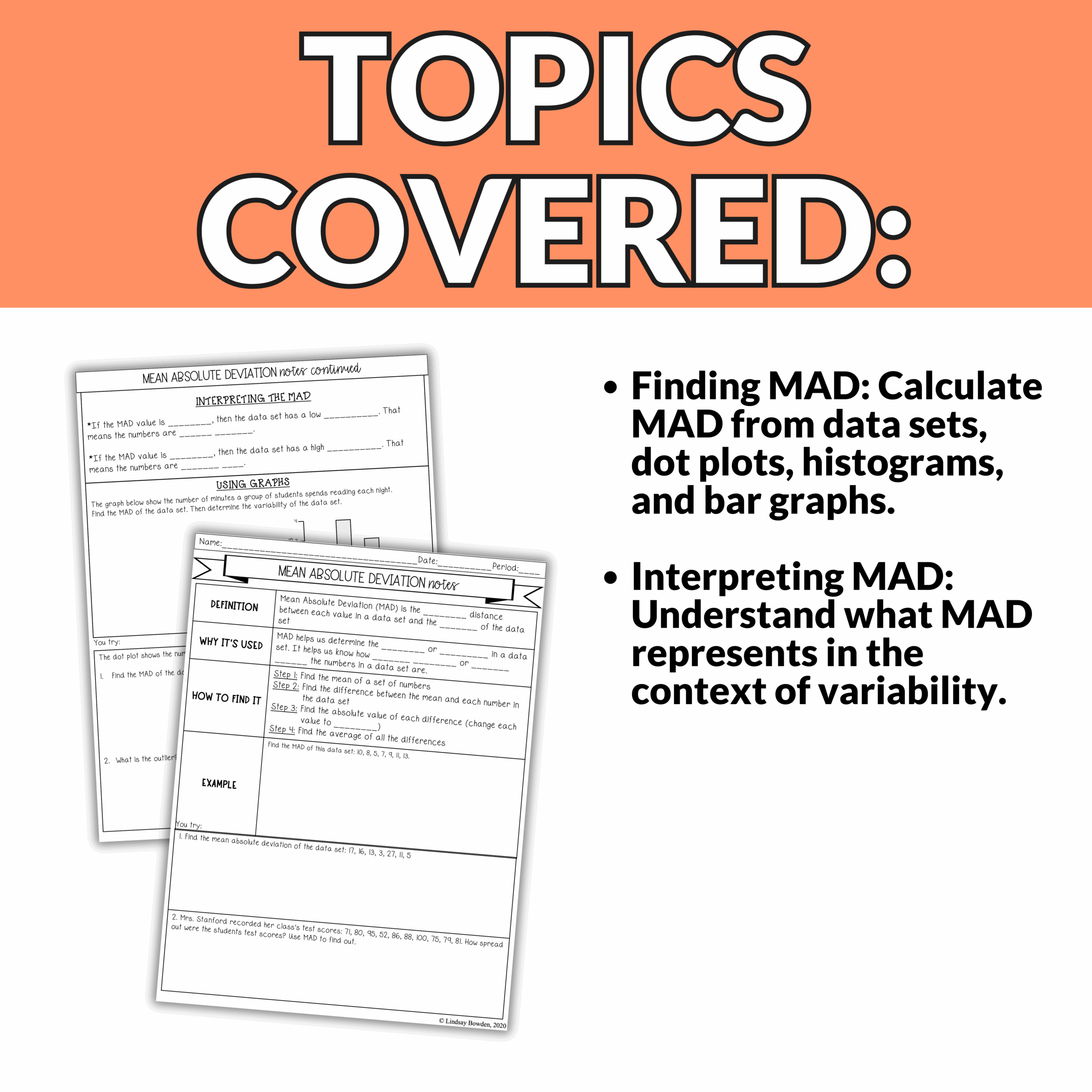 Mean Absolute Deviation Notes And Worksheets Lindsay Bowden