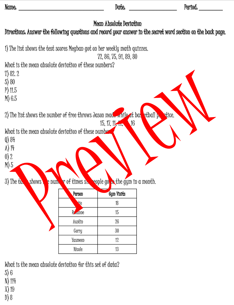 Mean Absolute Deviation Word Scramble TEK 8 11B STAAR Level Questions 
