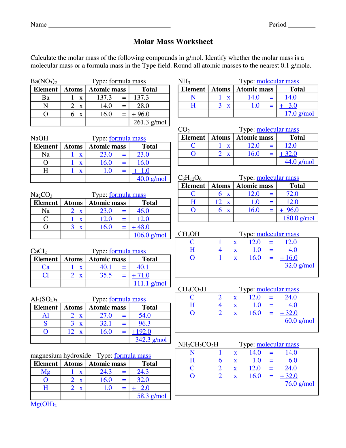 Molar Mass Maze Worksheet Answers