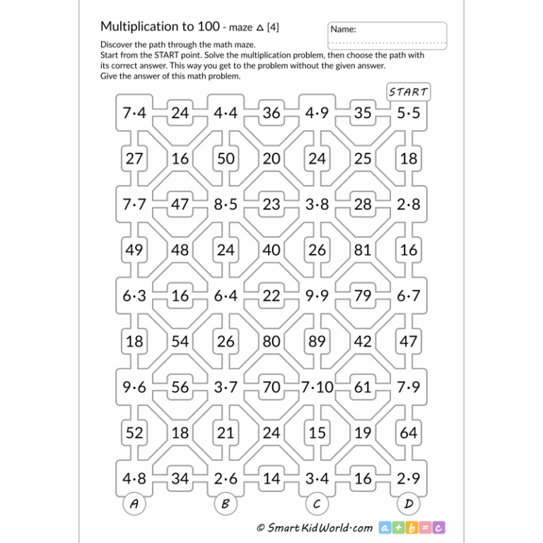 Multiplication Facts To 100 Math Maze For Kids 4 With Large Font SmartKidWorld