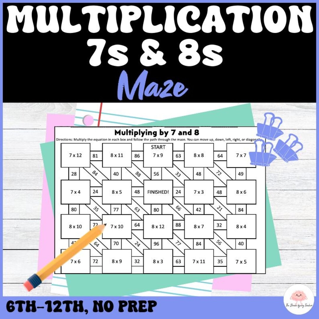 Multiplication Maze 7s And 8s Math Activity 6 12 Middle U0026 High School Etsy