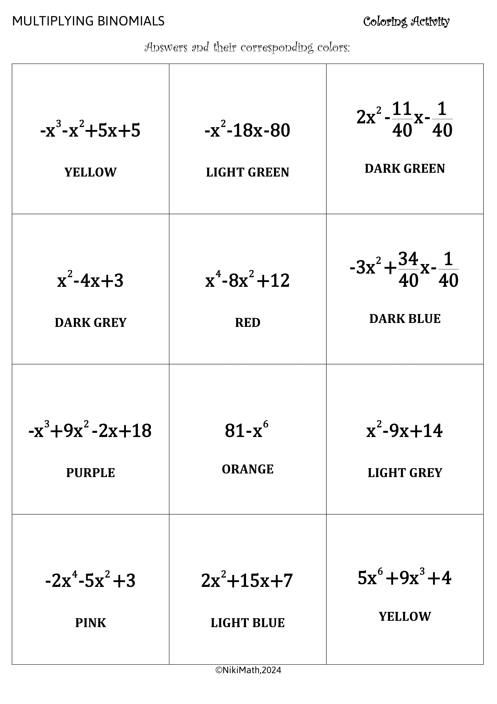 Multiplying Binomials Maze Worksheet