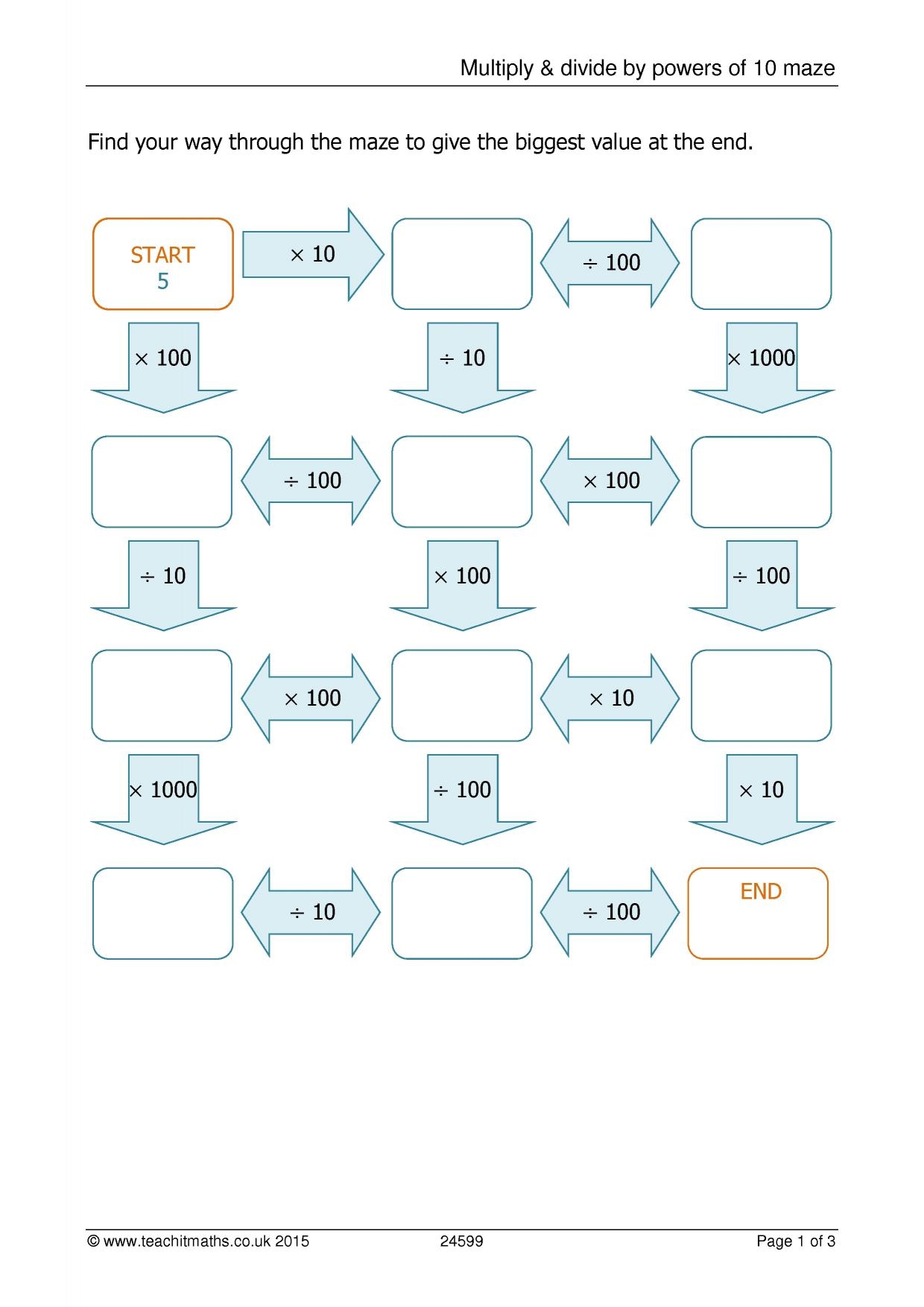 Multiply U0026 Divide By Powers Of 10 Maze KS3 4 Maths Teachit