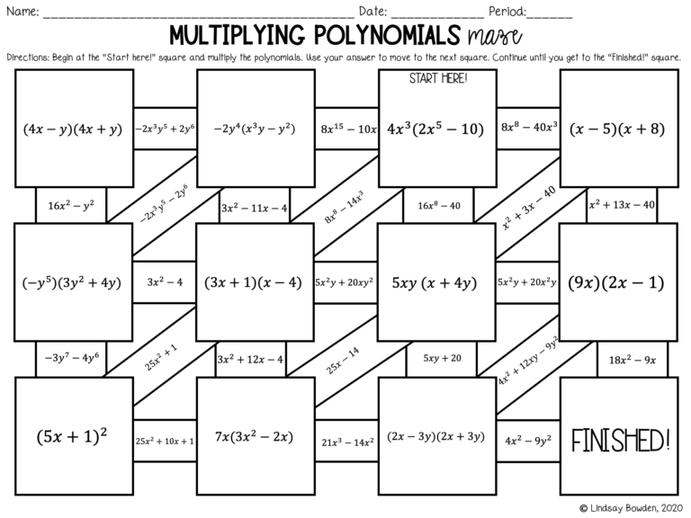 Multiplying Polynomials Digital Maze Lindsay Bowden Worksheets