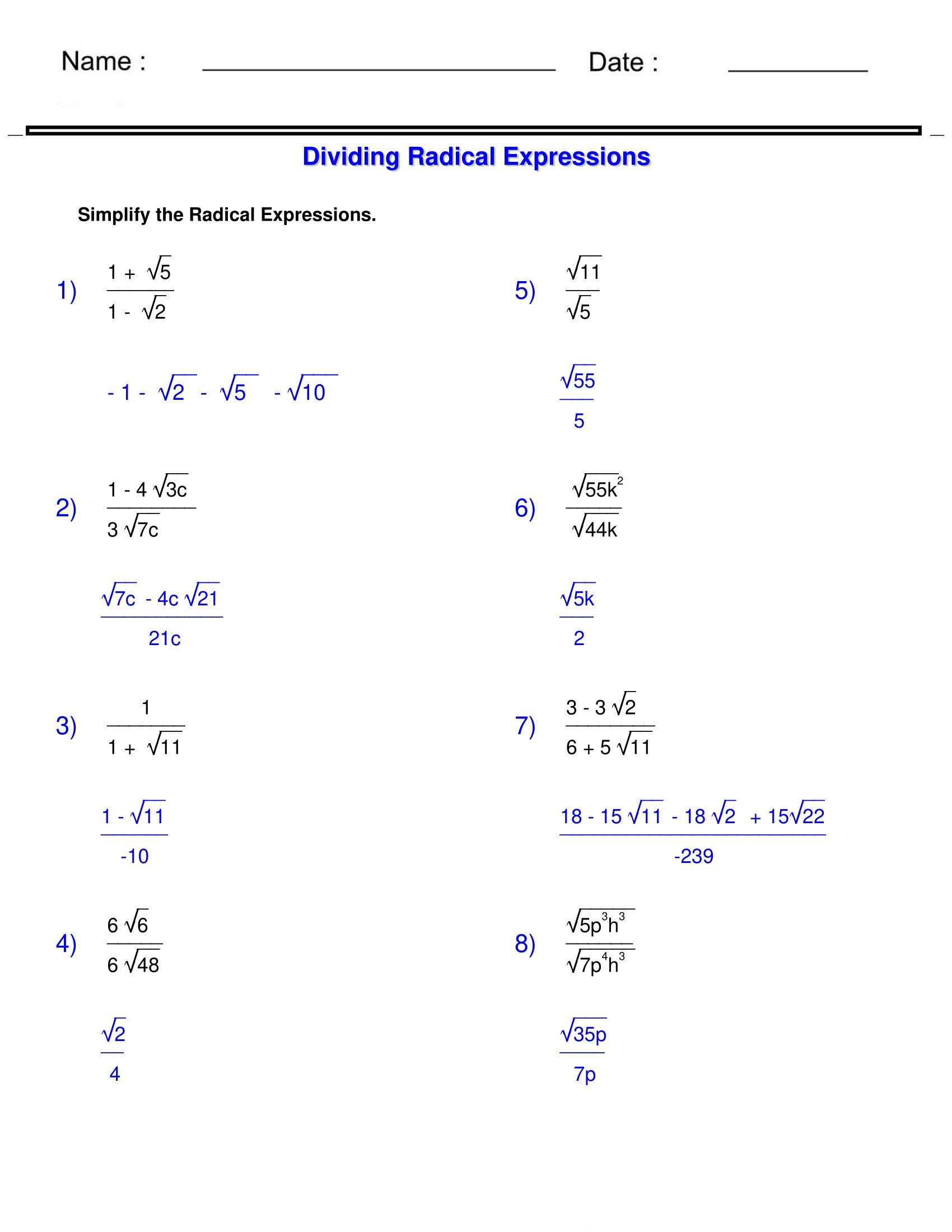 Multiplying Radicals Maze Worksheet