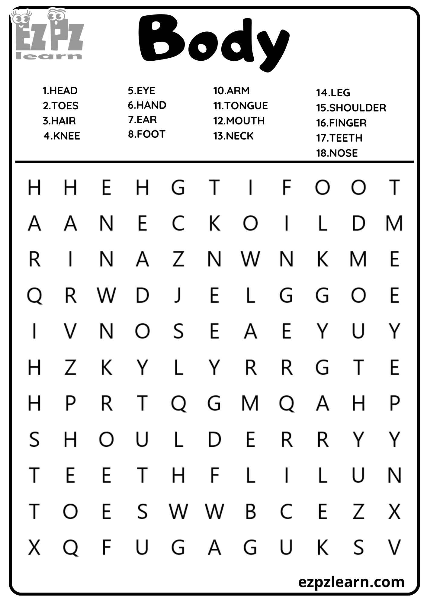 My Body Vocabulary Word Search 18 Words For Kids And ESL PDF Download Ezpzlearn