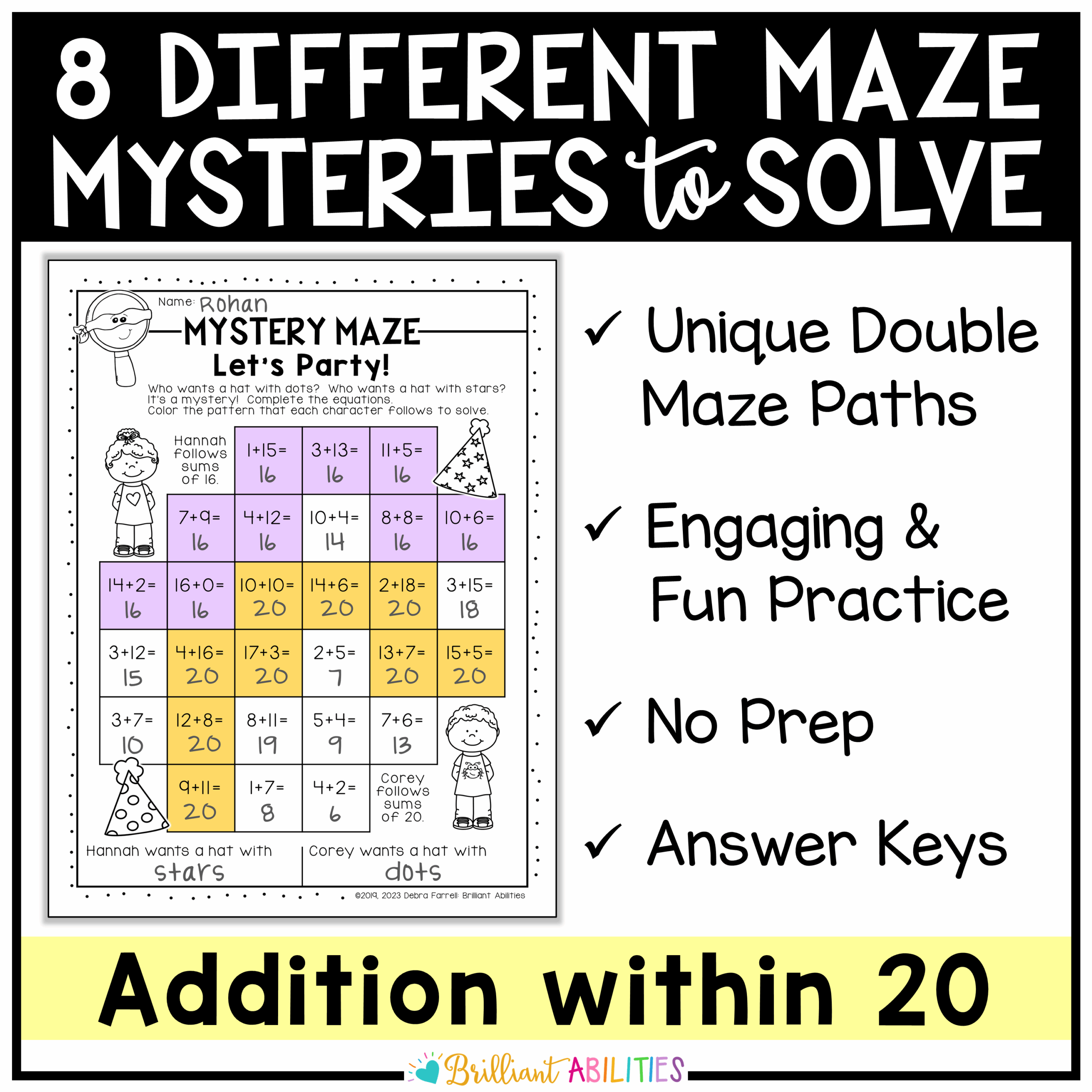 Mystery Math Mazes Addition Within 20 Math Fact Fluency Practice 