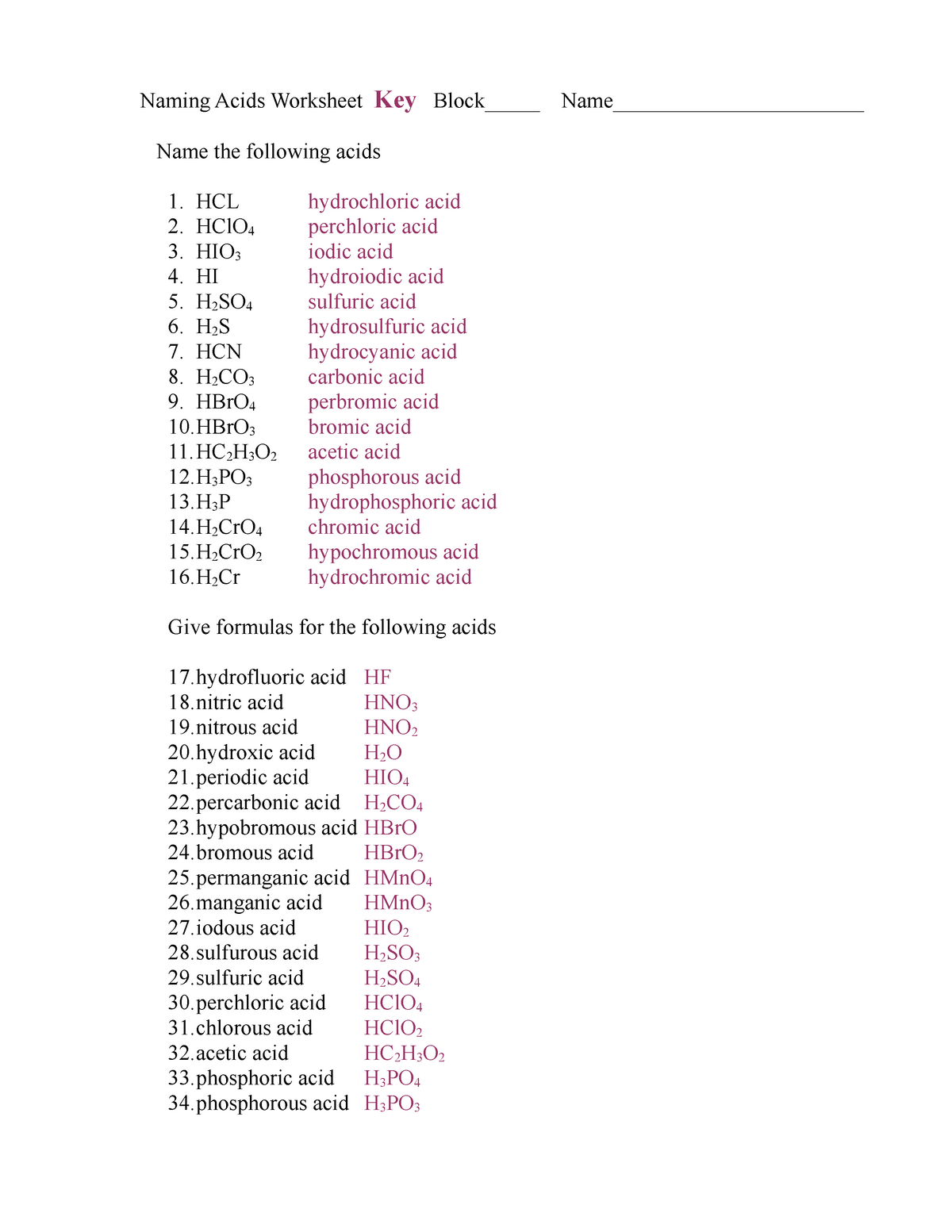 Naming Acids WSKey Notes Naming Acids Worksheet Key Block Worksheets Library