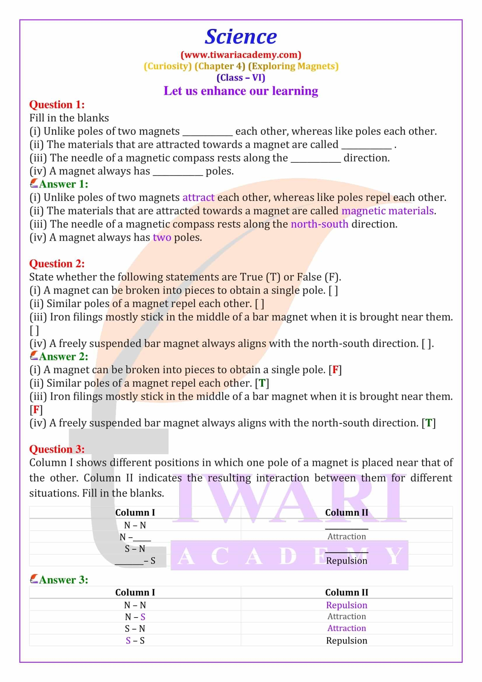 NCERT Solutions Class 6 Science Curiosity Chapter 4 Exploring Magnets