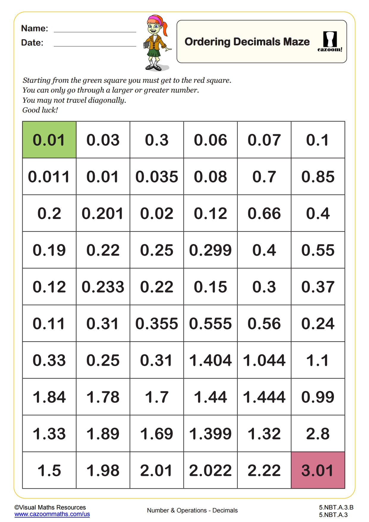 Ordering Decimals Maze Fun And Engaging 5th Grade PDF Worksheets