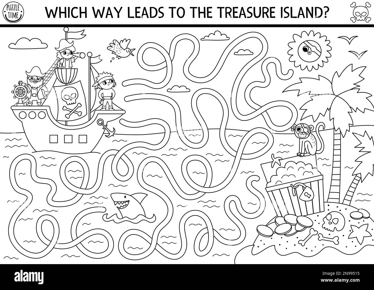 Pirate Black And White Maze For Kids With Marine Landscape Ship Treasure Island Treasure Hunt Preschool Printable Activity With Chest Coins Shark Stock Vector Image U0026 Art Alamy
