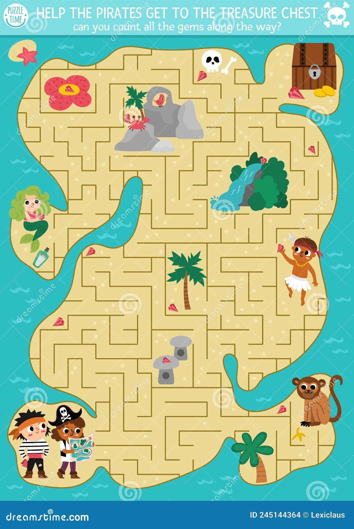 Pirate Maze For Kids With Tropical Treasure Island And Cute Kid Pirates Treasure Hunt Preschool Printable Activity Stock Vector Illustration Of Kindergarten Monkey 245144364