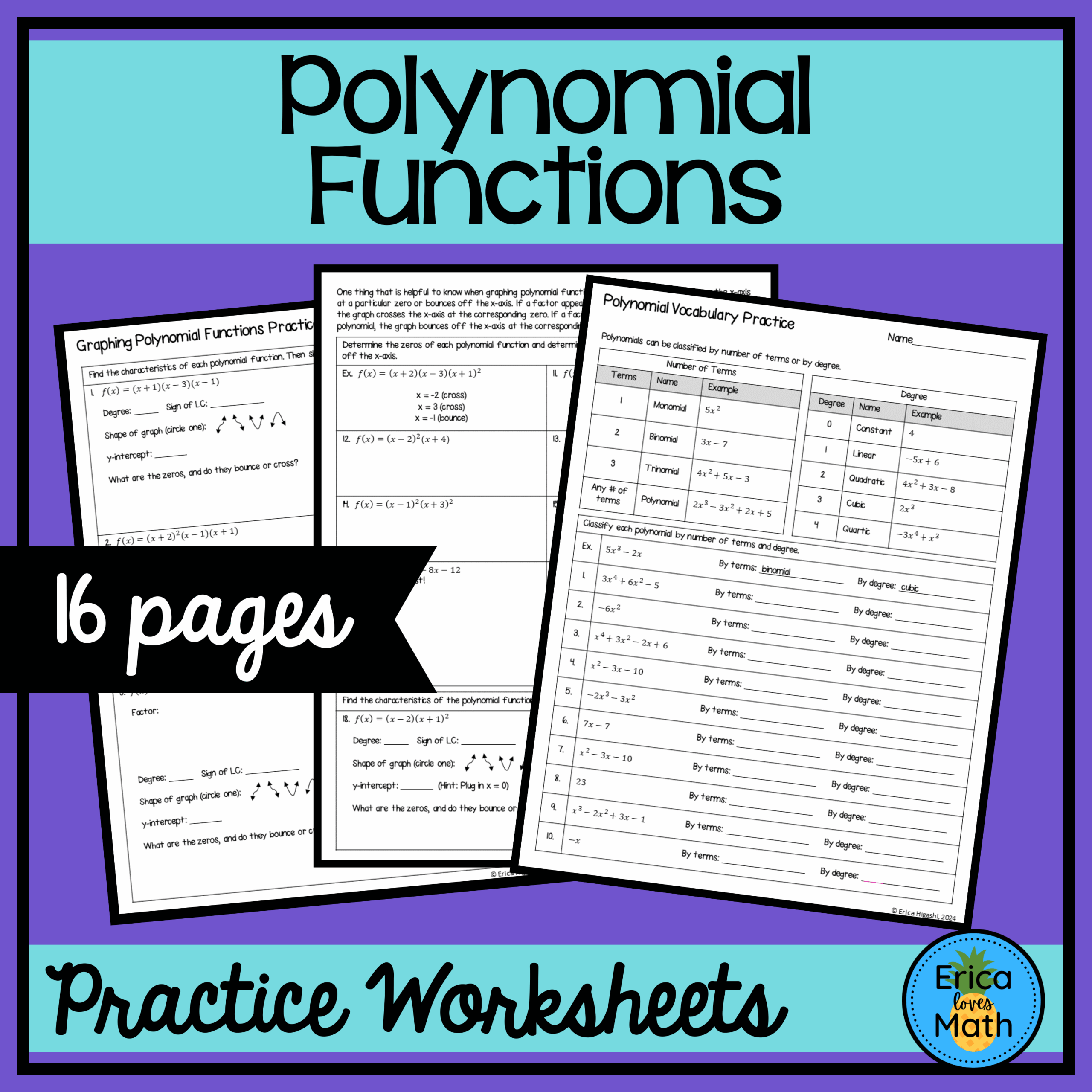 Polynomial Functions Worksheets Remainder Theorem Finding Zeros Graphing Classful