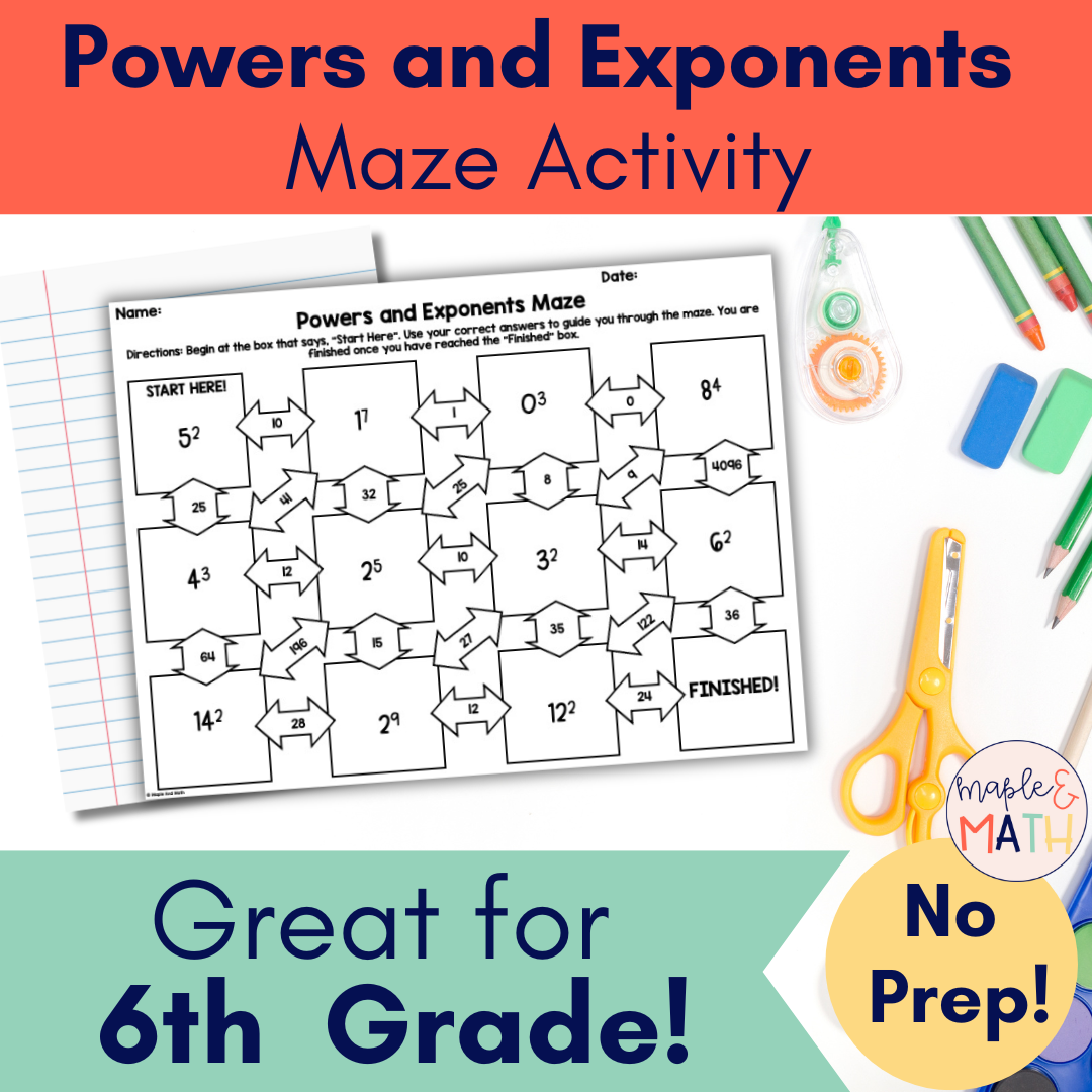 Powers And Exponents Printable Maze Activity Worksheet 6th Grade 