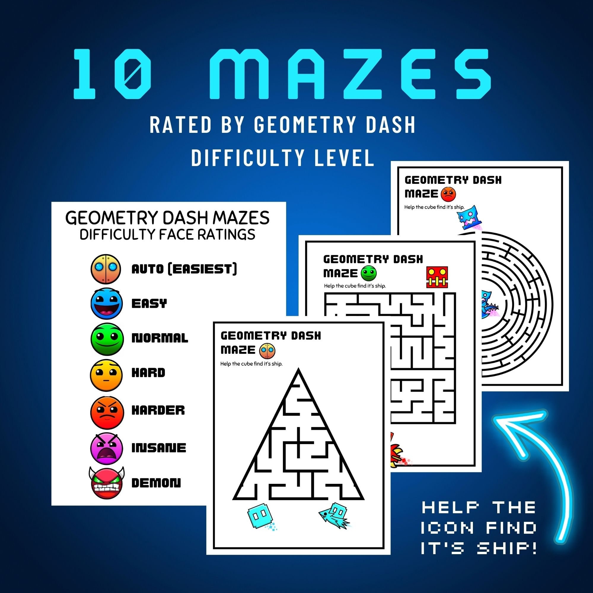 Printable Geometry Dash Mazes 10 pack Digital Download Geometry Dash Birthday Party Game Etsy