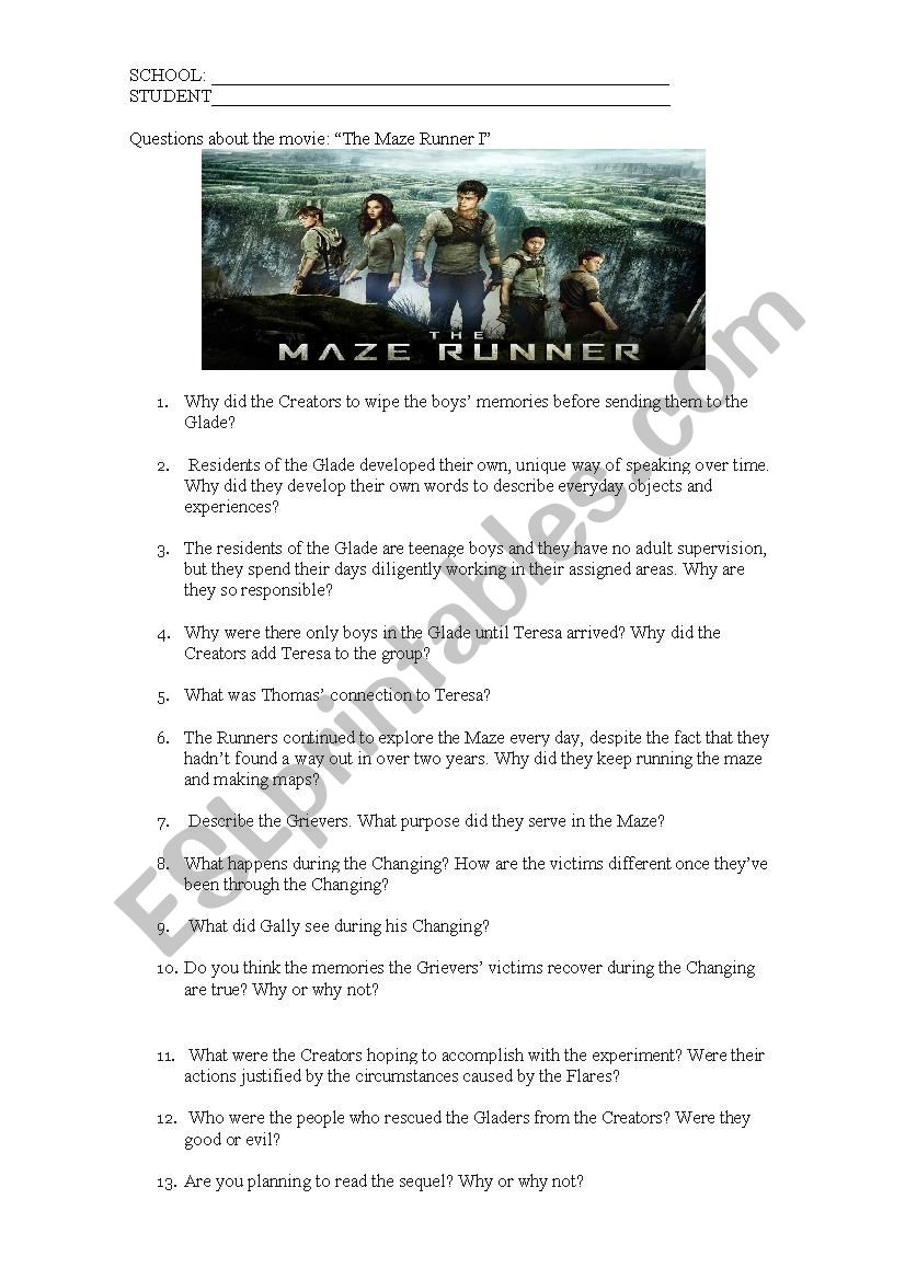 Questions About The Movie The Maze Runner I ESL Worksheet By 