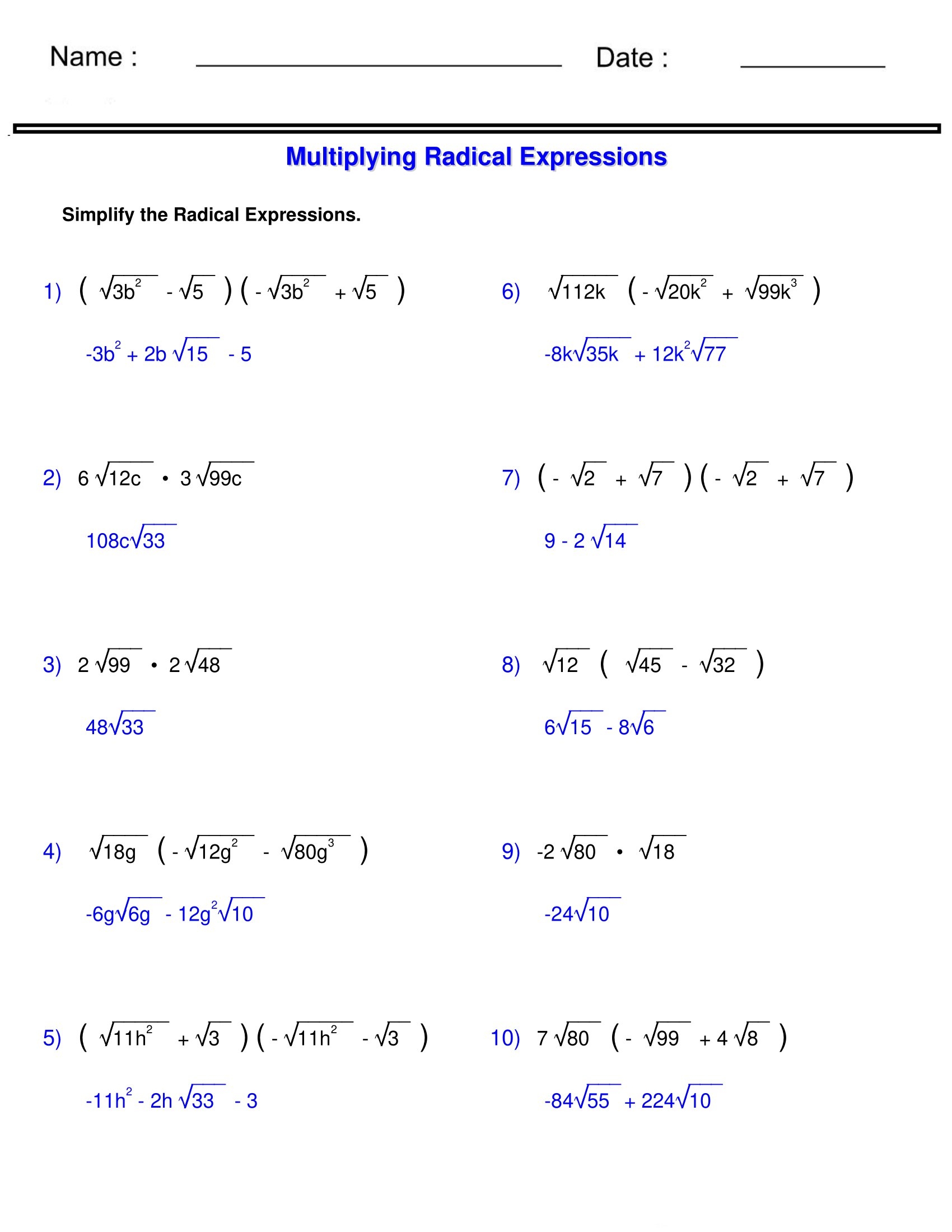 Multiplying Radical Expressions Worksheet Maze