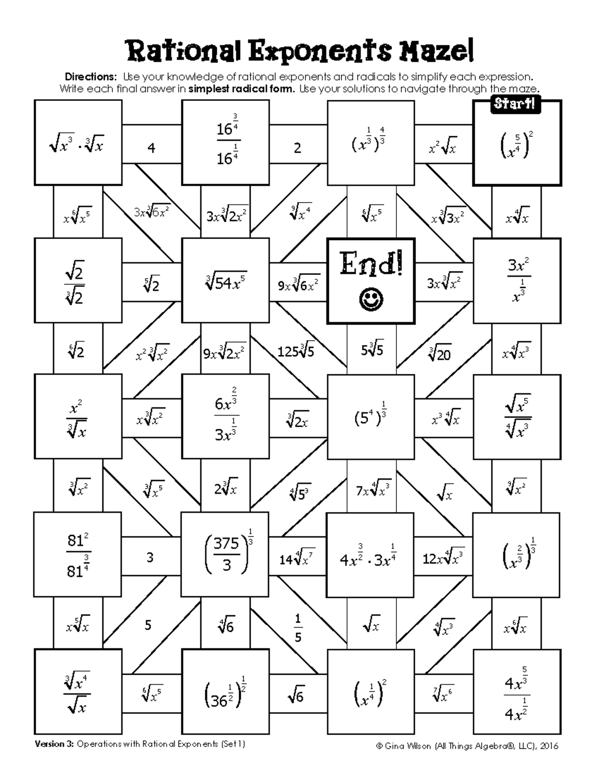 Rational Exponents Maze 3 4 Worksheet Version 3 Operations With Rational Exponents Set 1 Gina Studocu