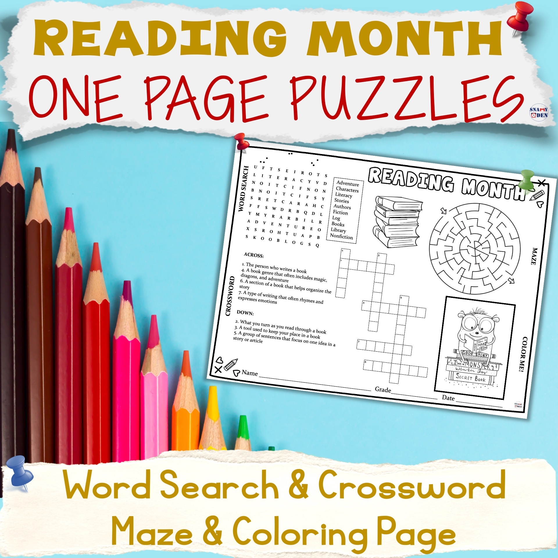 Reading Month Activities Placemat Word Search Crossword Maze Coloring Puzzles Made By Teachers