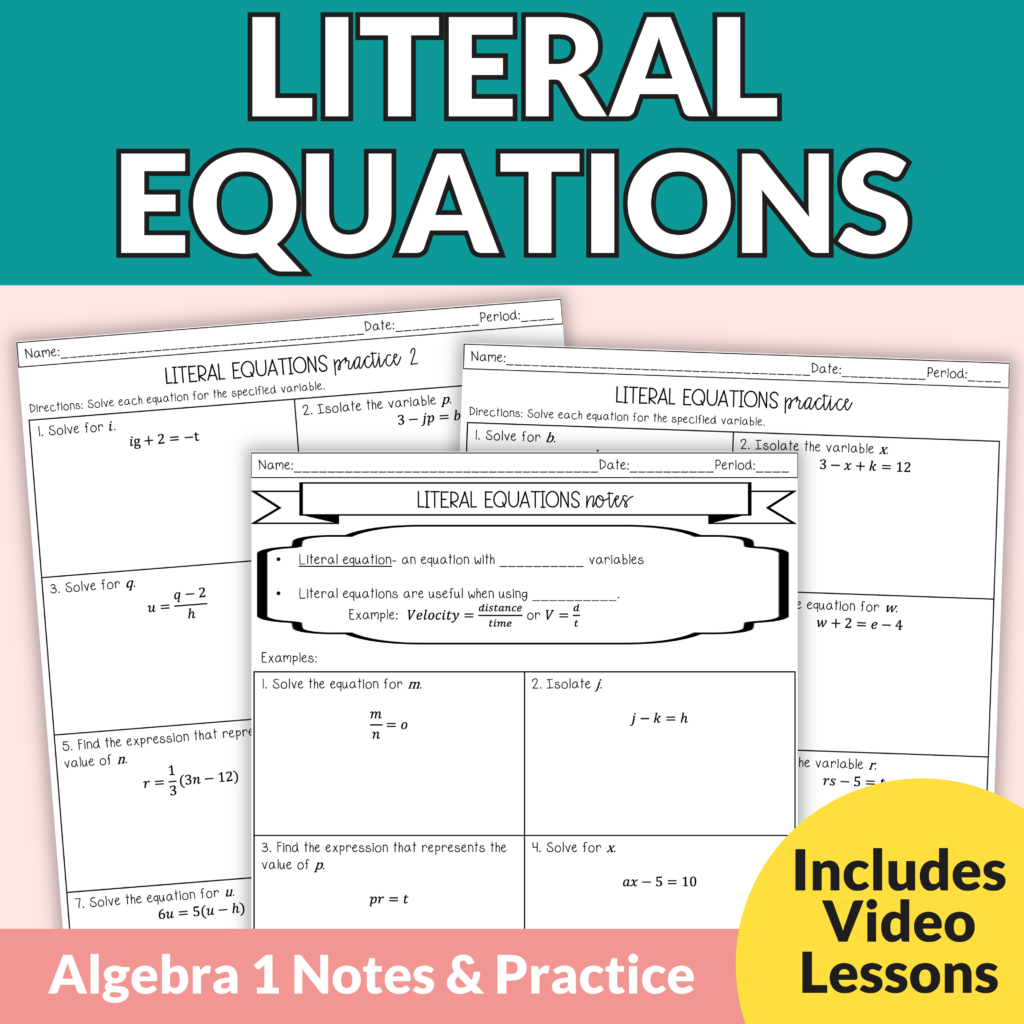 Rearranging Formulas And Literal Equations Notes And Worksheets Algebra 1 Lindsay Bowden