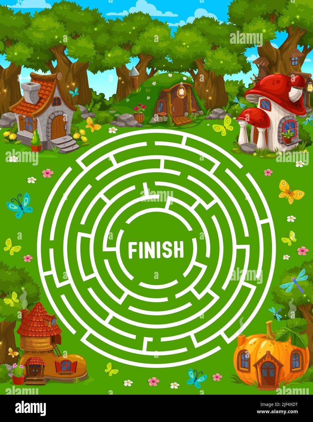 Round Labyrinth Maze Game Cartoon Fairy Houses And Dwellings Of Elf Or Gnome Vector Kids Worksheet Labyrinth Maze Puzzle To Find Way To Elf House Of Pumpkin Mushroom Boot And Tree Stump