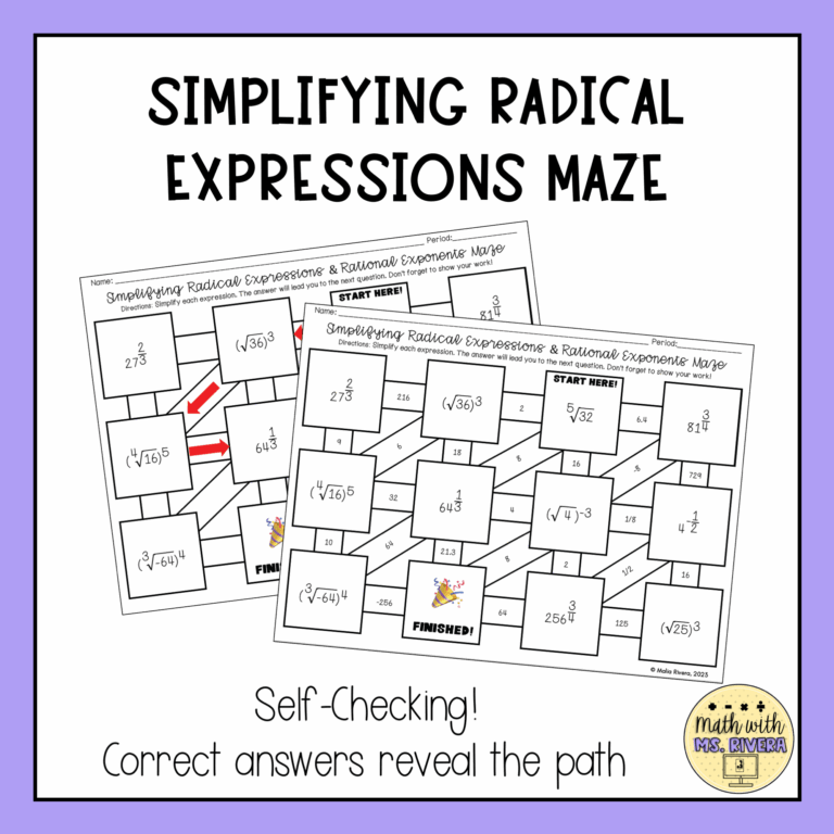 Simplifying Radical Expressions Maze Worksheet