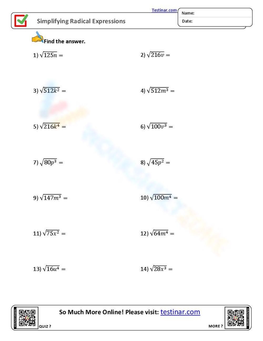 Multiplying Radical Expression Maze Worksheet