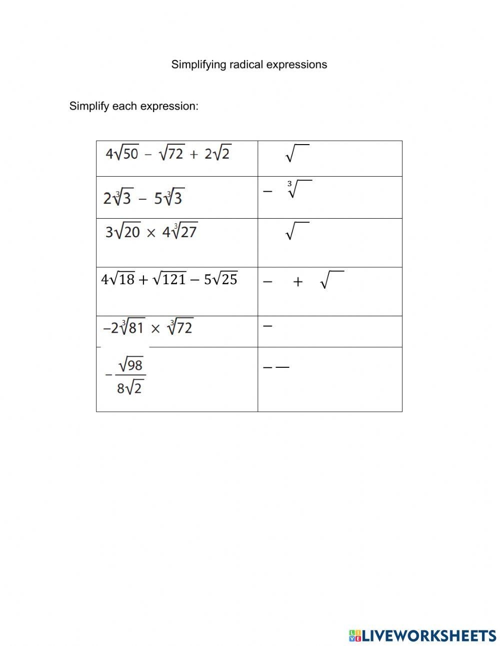 Simplifying Radical Expressions Maze Worksheet Worksheets Library