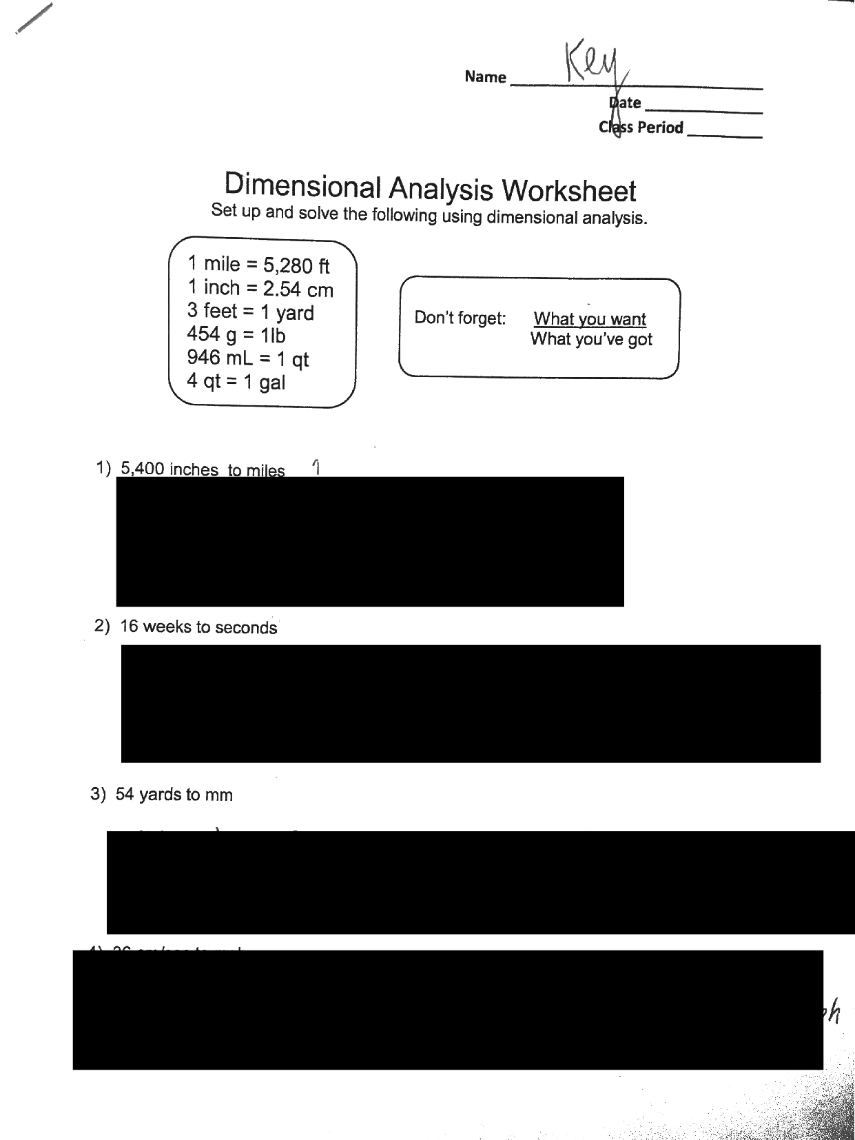 SOLUTION Doral Academy Charter Dimensional Analysis Worksheet 