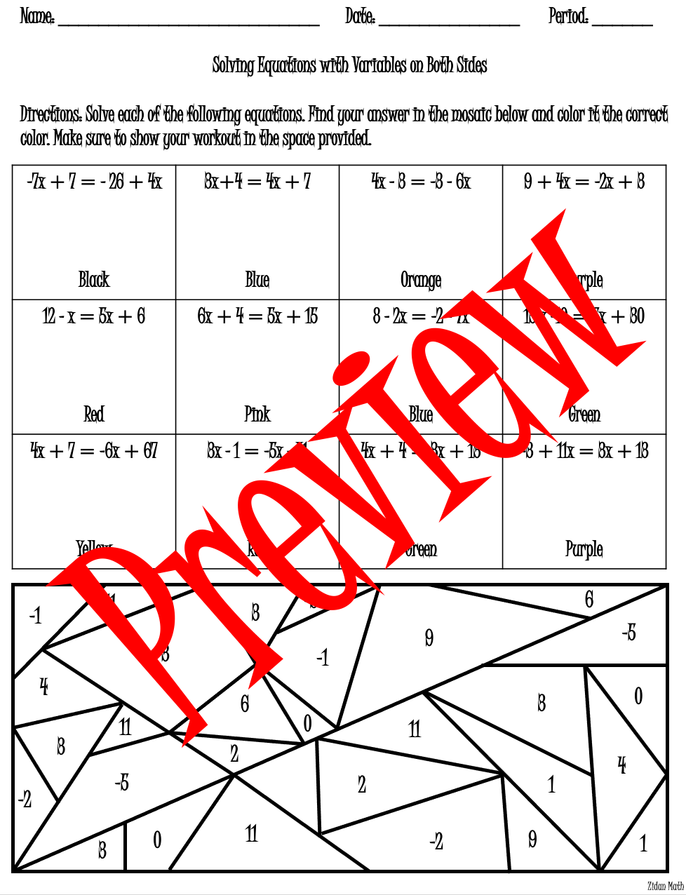 Solving Equations With Variables On Both Sides Coloring Activity TEK 8 8C Worksheets Library