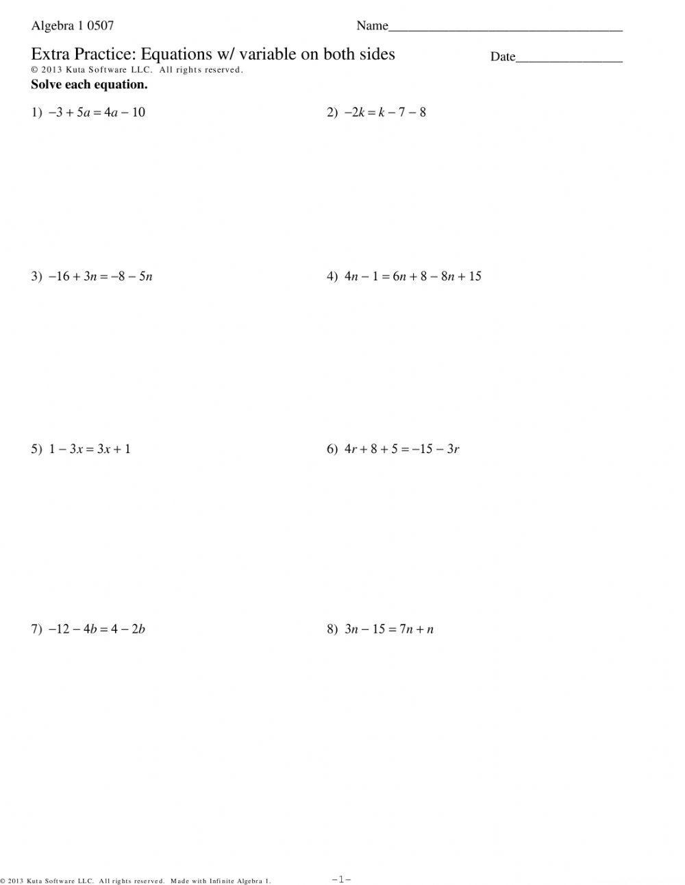 Solving Equations With Variables On Both Sides Maze Worksheet
