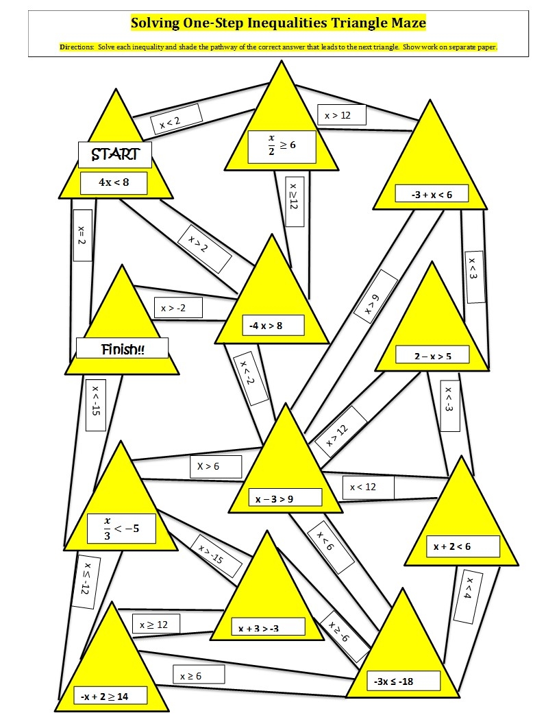 Solving Inequalities One Step And Two Step Triangle Mazes Absolute Algebra
