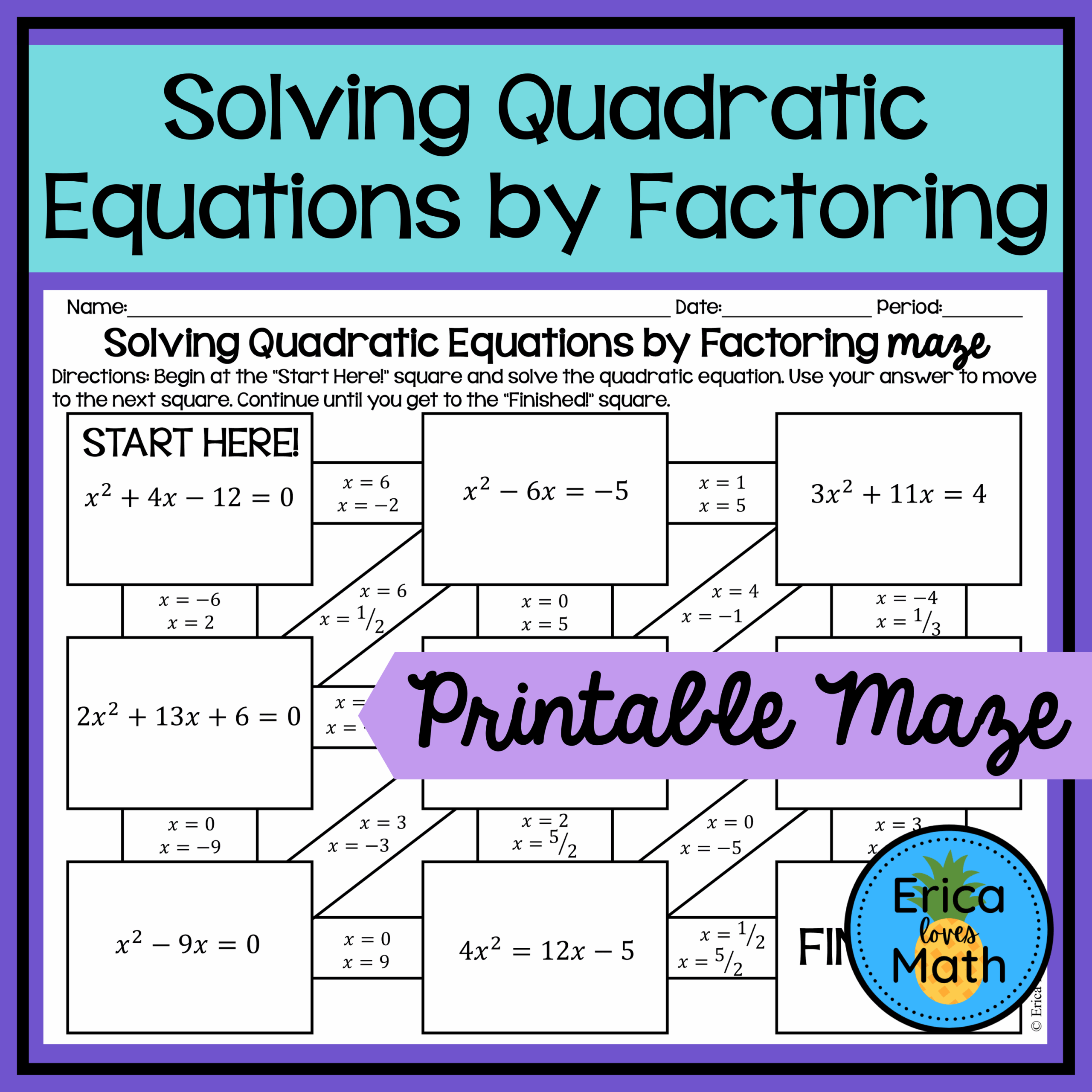 Solving Quadratic Equations By Factoring Activity Maze Made By Teachers