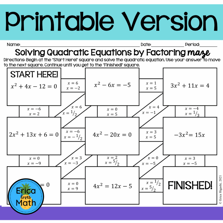 Solving Quadratic Equations By Factoring Activity Printable