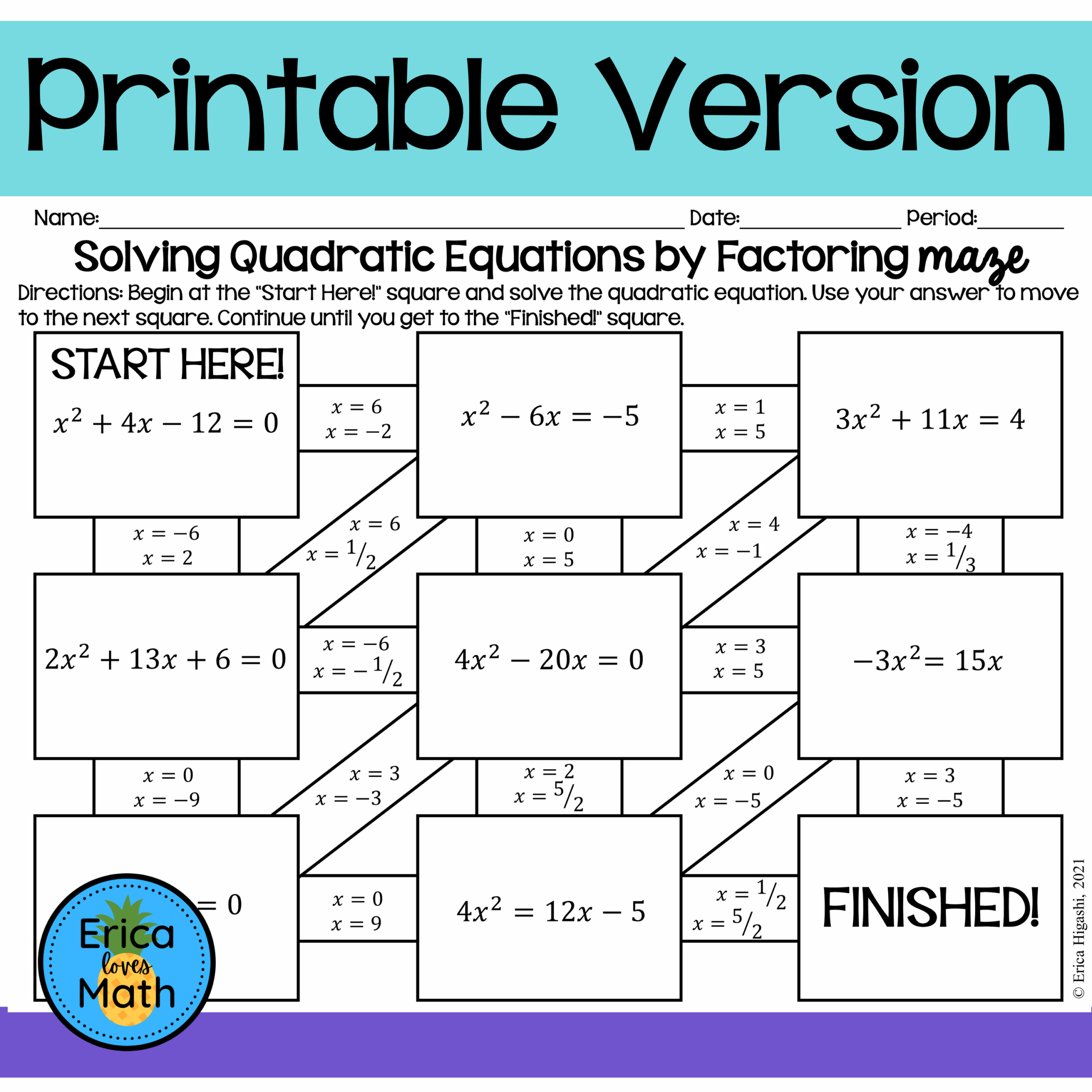 Solving Quadratic Equations By Factoring Activity Printable 