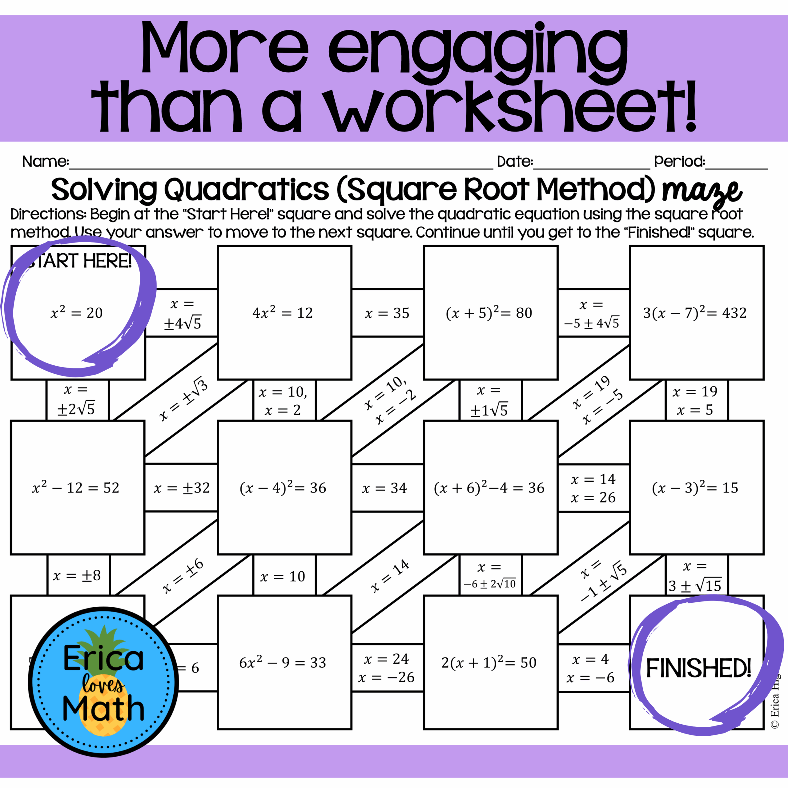 Solving Quadratic Equations By Square Root Method Activity Maze 