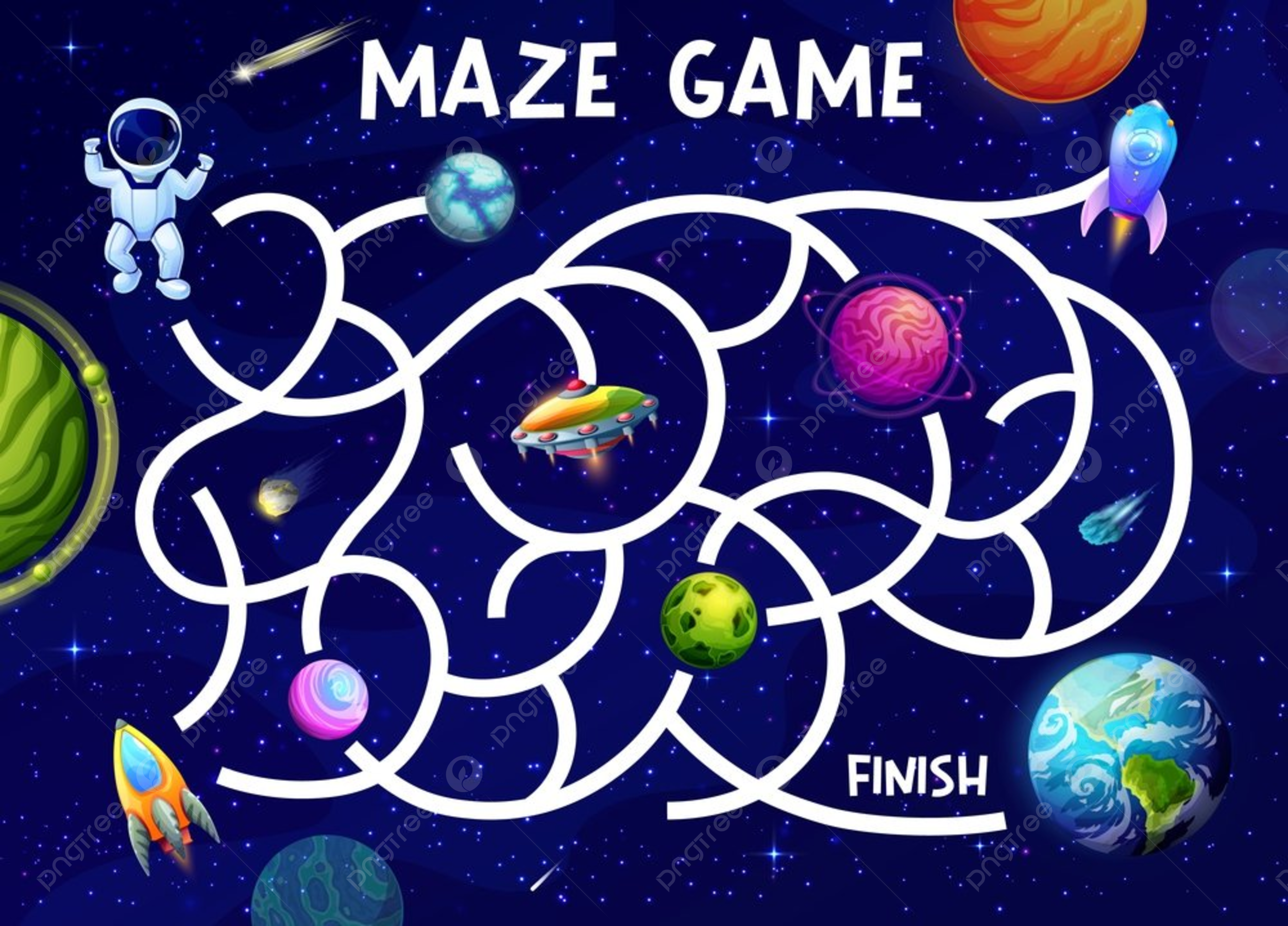 Space Labyrinth Maze Help To Astronaut Find Rocket And Earth Planet Kids Game Puzzle Vector Worksheet
