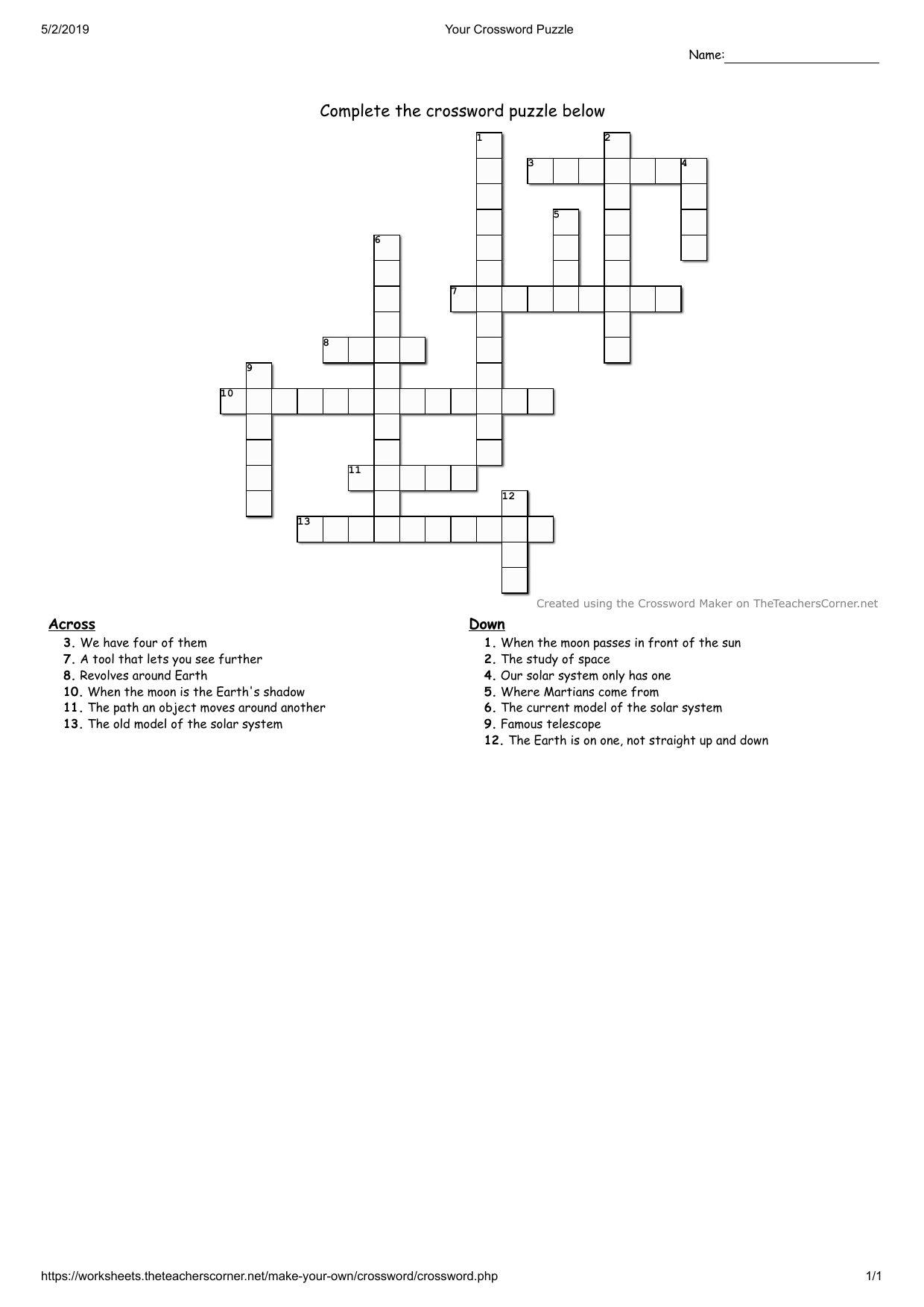 Space U0026 Astronomy Crossword Puzzle For Kids