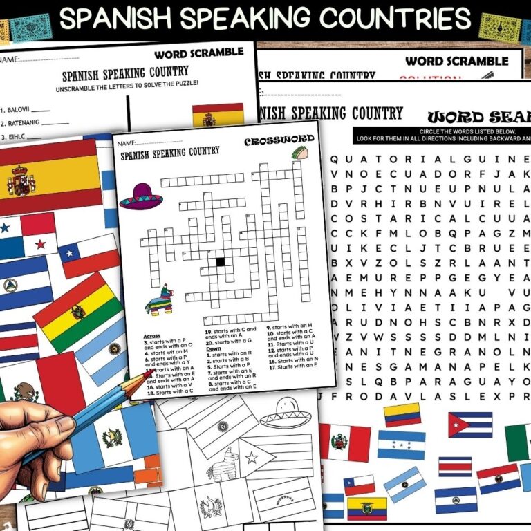 Spanish Speaking Countries Wordsearch Word Scramble Puzzle Flags
