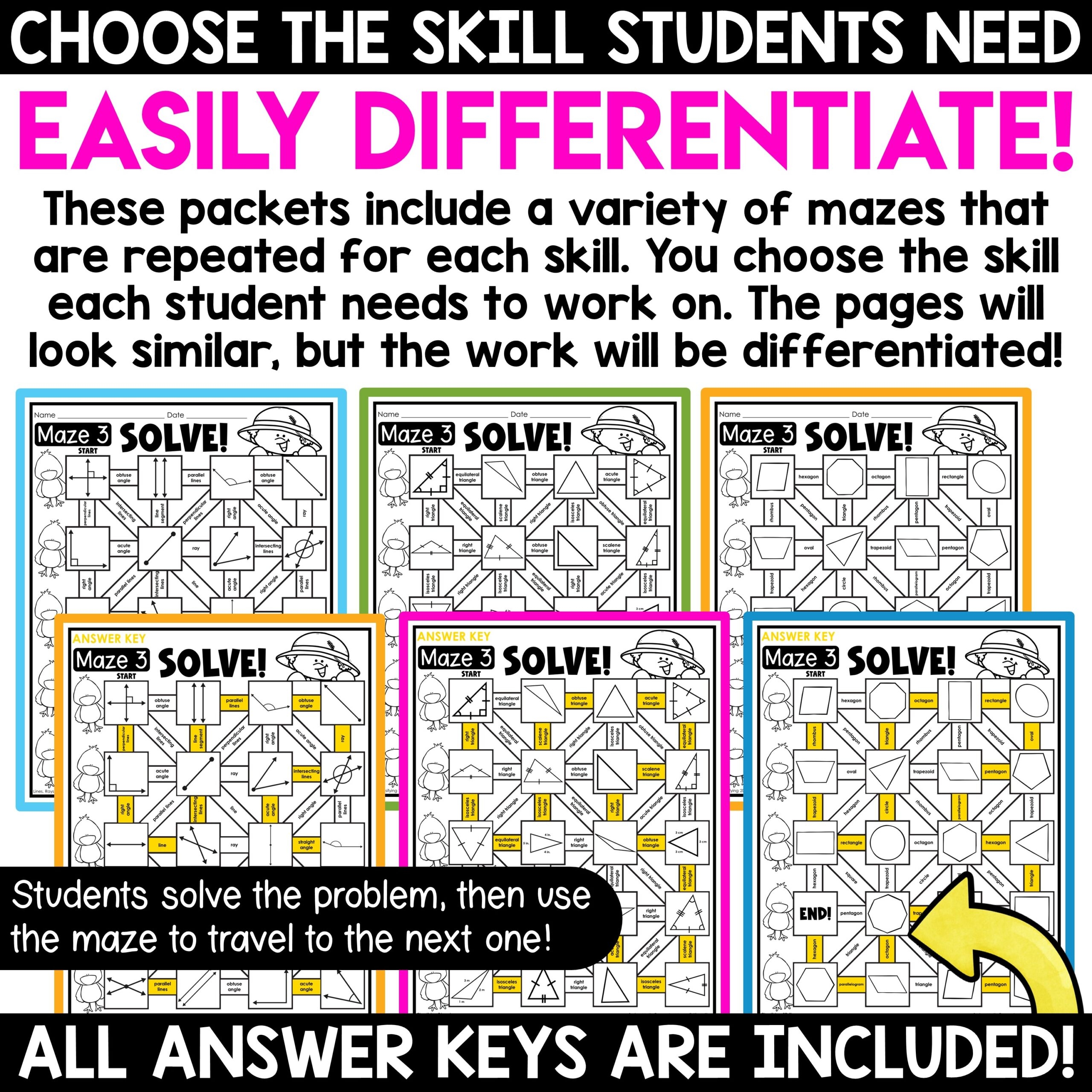 Spring Math Mazes Worksheets Measurement Area Perimeter Angles 2D 