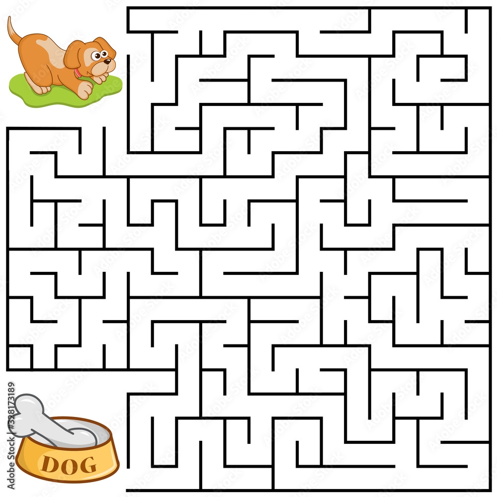 Square Maze For Kids With Cartoon Dog Find Right Way To The Bone Entry And Exit Puzzle Game With Answer Learning Labyrinth Conundrum Education Worksheet Activity Page Logic Games For Kids Stock