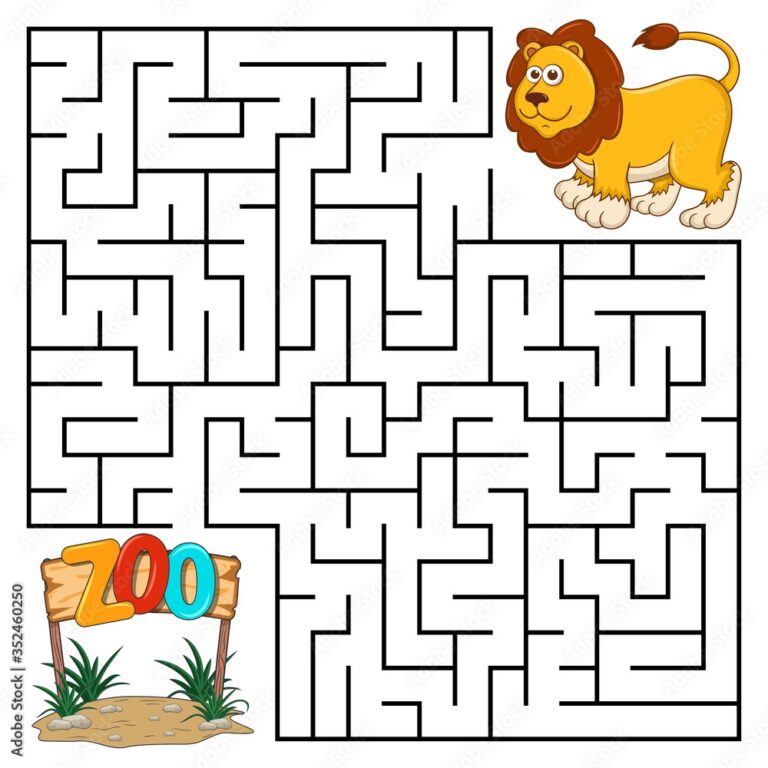 Square Maze For Kids With Cartoon Lion Find Right Way To The Zoo