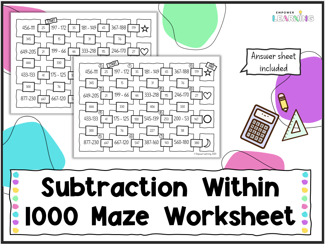 Subtract Numbers Within 1000 Maze Worksheet For KS2 Teaching Resources