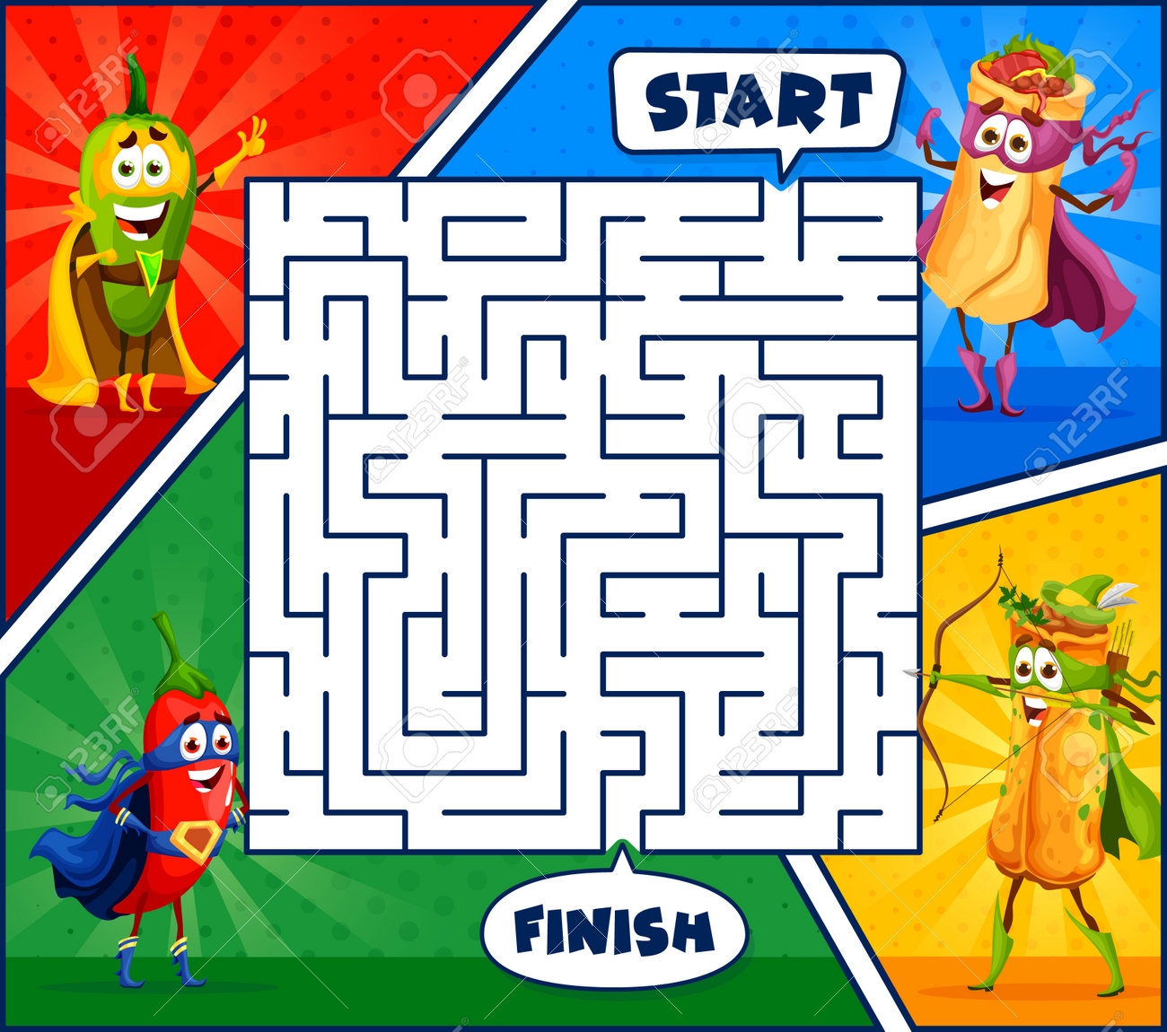Superhero Cartoon Mexican Tex Mex Food Characters In Labyrinth Maze Kids Vector Worksheet With Super Hero Jalapeno Pepper Burrito And Enchilada Personages Find Correct Path Children Riddle Test Royalty Free SVG Cliparts 