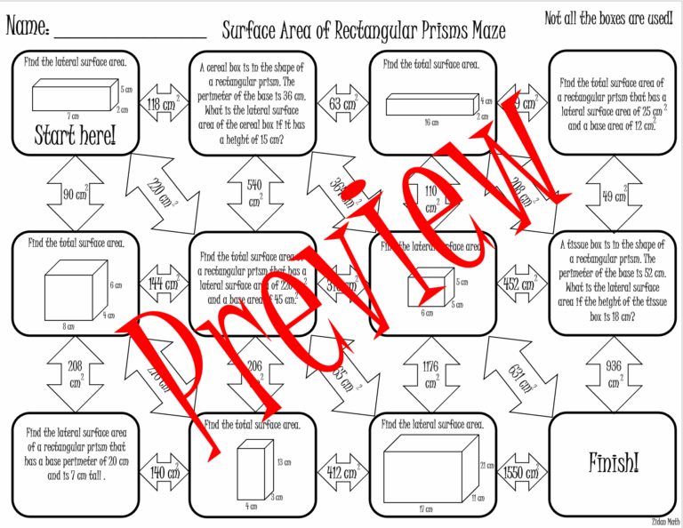Surface Area Of Rectangular Prisms Maze TEK 8 7B Made By Teachers Worksheets Library