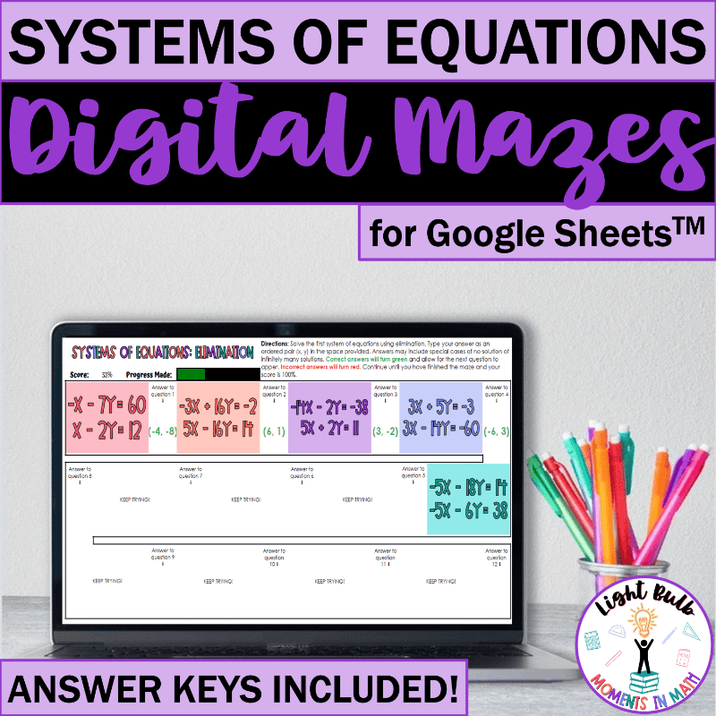 Systems Of Equations Digital Maze Activities For Google Sheets Light Bulb Moments In Math
