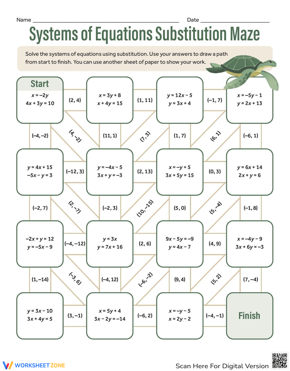 Systems Of Equations Maze Worksheet
