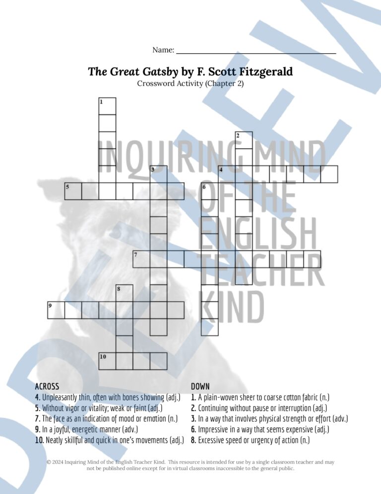 The Great Gatsby Chapter 2 Quiz Inference Worksheet And