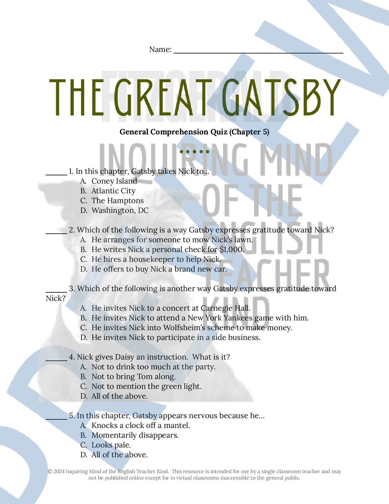 The Great Gatsby Chapter 5 Quiz And Answer Key Teaching Resources